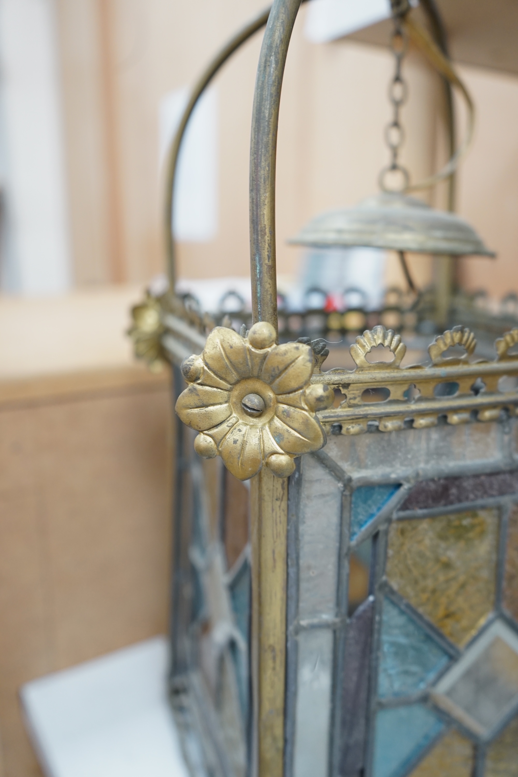 A Victorian coloured leaded glass and brass hall lantern, 65cm high. Condition - fair.